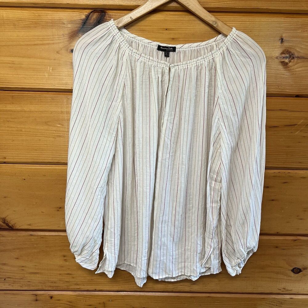 Massimo Dutti Womens Ivory & Red Striped Blouse Size 2 Elastic Cuffs Lightweight